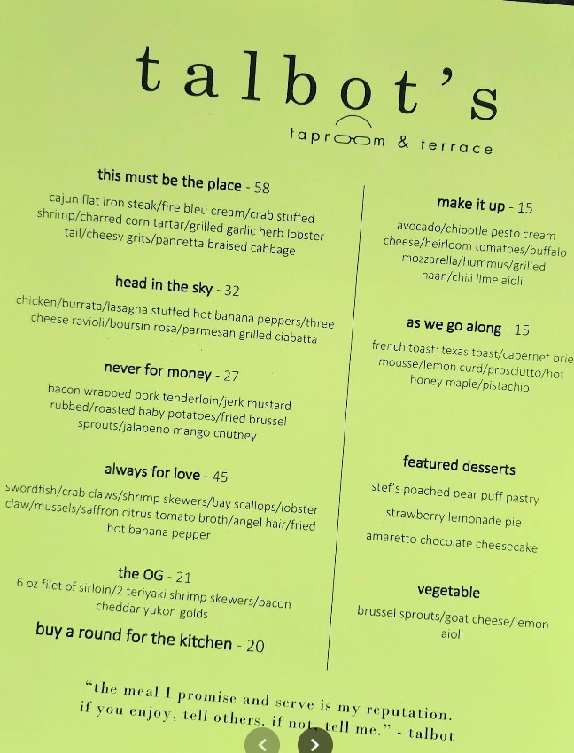 Talbot's Taproom & Terrace Restaurant Menu | Updated Prices & Dining Guide