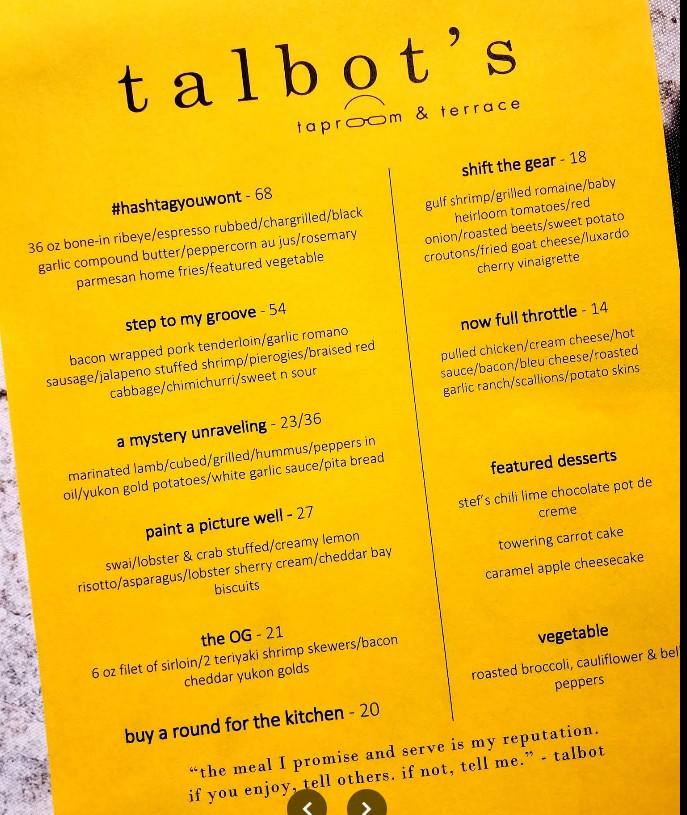 Talbot's Taproom & Terrace Restaurant Menu | Updated Prices & Dining Guide
