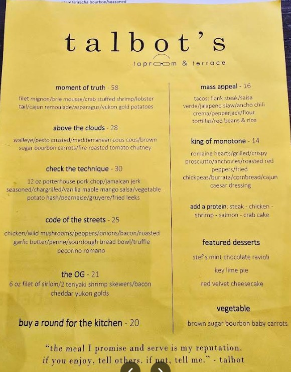 Talbot's Taproom & Terrace Restaurant Menu | Updated Prices & Dining Guide