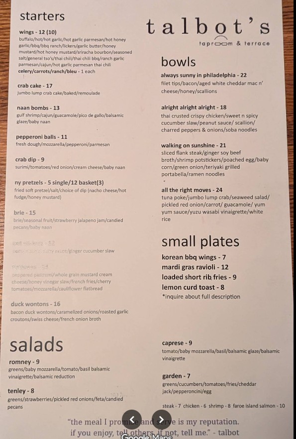 Talbot's Taproom & Terrace Restaurant Menu | Updated Prices & Dining Guide