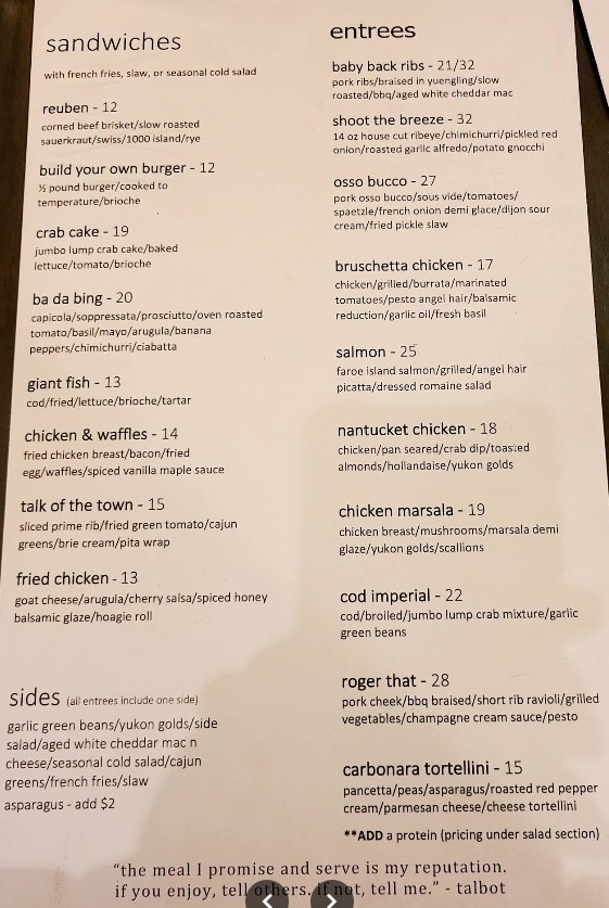Talbot's Taproom & Terrace Restaurant Menu | Updated Prices & Dining Guide