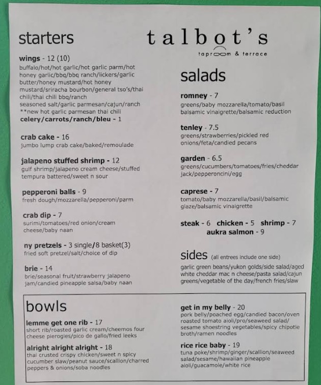 Talbot's Taproom & Terrace Restaurant Menu | Updated Prices & Dining Guide